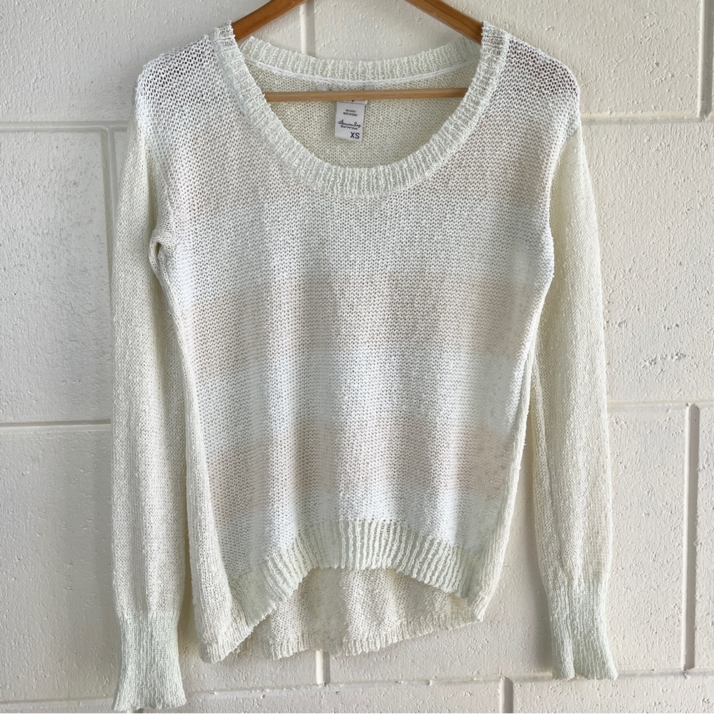 American Rag Cie Knit Striped Scoop Neck Open Knit Sweater Size XS Green Beige